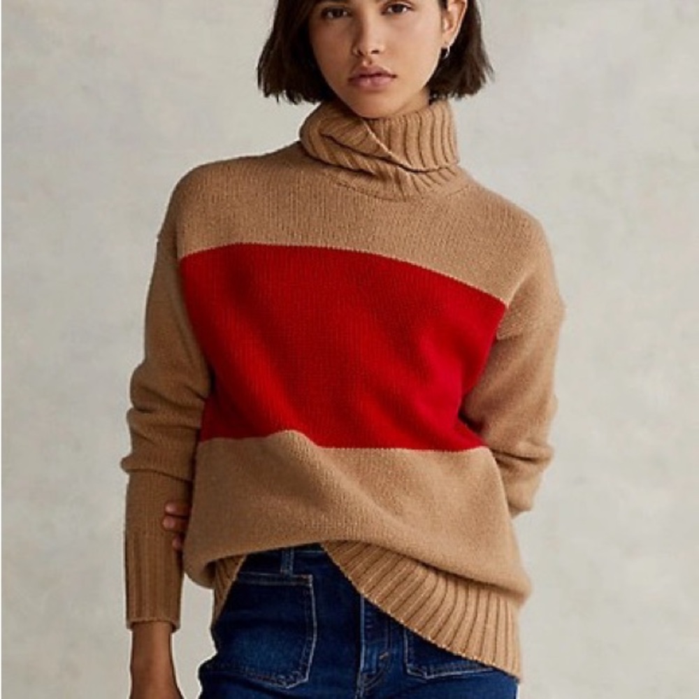 Polo Ralph Lauren Red and Camel/ Tan Wool Turtleneck Sweater Size L